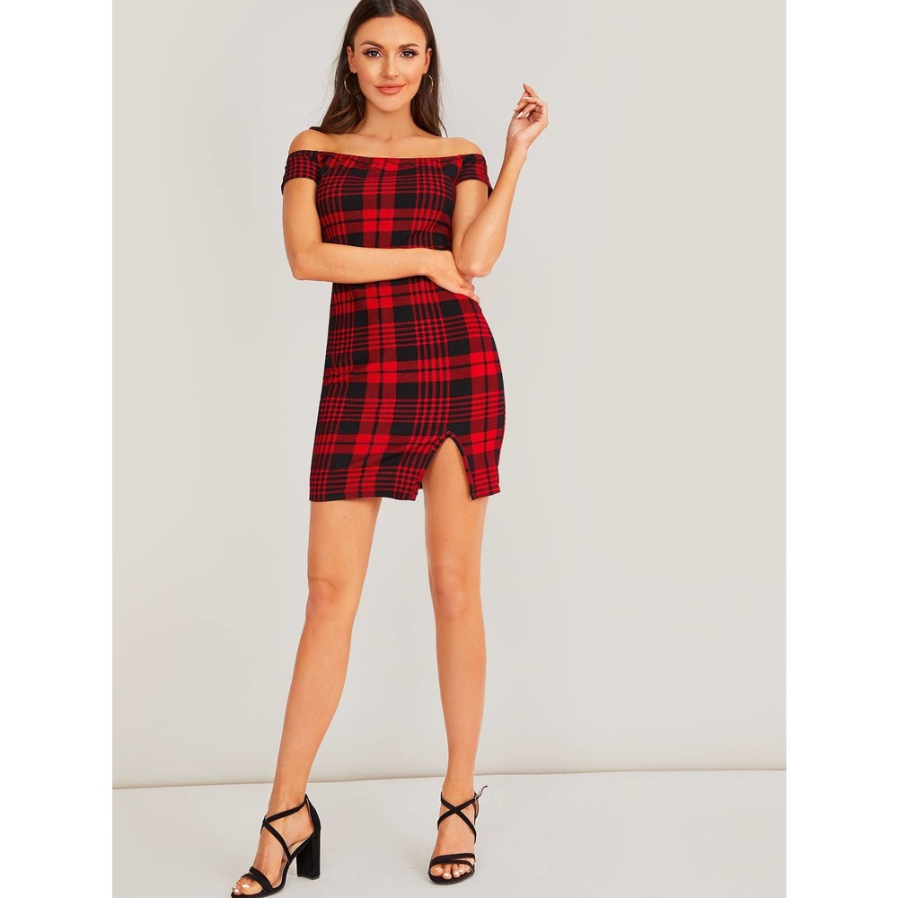 Red black preppy Off the Shoulder Split Hem Plaid mini Dress - Picture 6 of 6